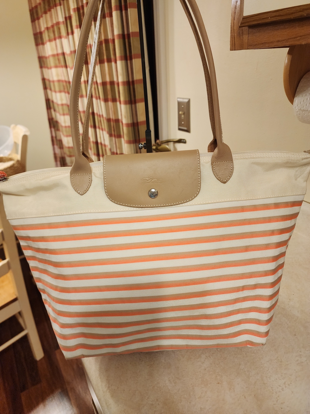 Longchamp Le Pliage Marinière striped shoulder tote in coral/beige